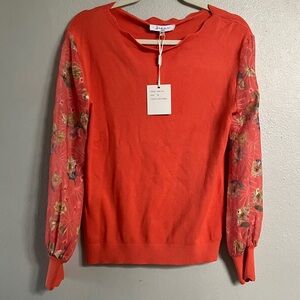 Siani Milano Mandarin Orange Coral Sweater Floral Statement Sleeves Scallop Neck